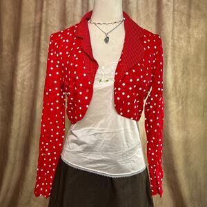 Vintage Cropped Jacket Polka Dot 90s Red Long Sleeve Open Front Rockabilly Retro